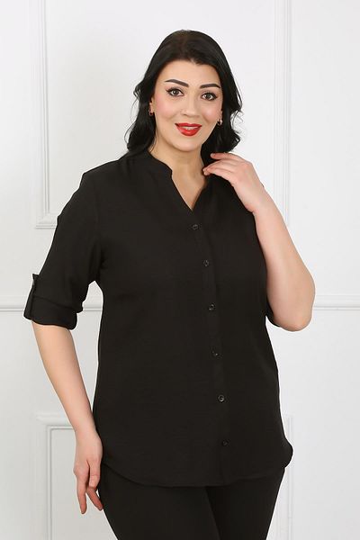 By Alba Collection Cămașă de damă cu guler înalt din in moale mărimi mari
