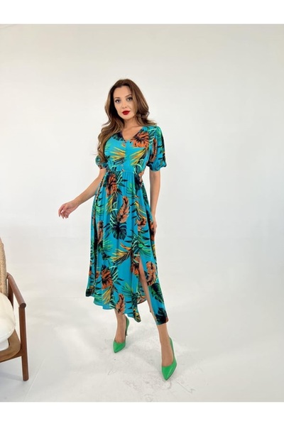 lovebox Νέα σεζόν υφασμάτινη εκτύπωση βισκόζης με κοντό μανίκι με λεπτομέρεια φόρεμα φόρεμα παραλίας 5363