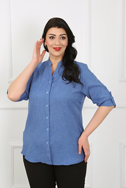 By Alba Collection Kadın İndigo Hakim Yaka Soft Keten Büyük Beden Gömlek
