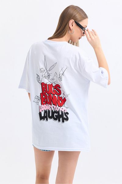 MD trend Women's Front And Back Buggsbunny Printed Cotton Oversize T-Shirt