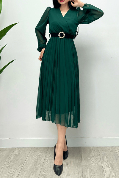 Neşeli Butik rochie de dama plisata lungime midi din sifon cu centura NBD004