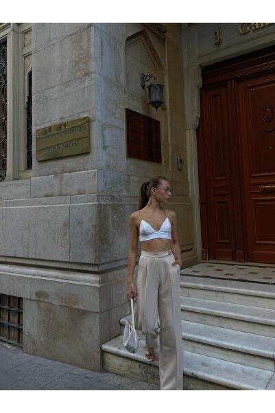 Eke Tekstil Γυναικείο παντελόνι Palazzo με πλισέ υφαντό ύφασμα με μπεζ κουμπιά