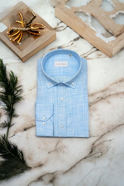 alenmeza Ανδρικό πουκάμισο μπλε 100% οργανικό βαμβάκι με κουμπιά μοντέρνα εφαρμογή χωρίς τσέπες