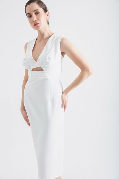 Lafaba Women's White V-Neck Low-Cut Midi Dress