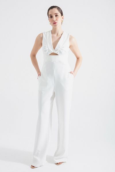 Lafaba Damen Jumpsuit mit tiefem Ausschnitt in weiß