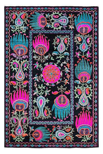 Rugs Modern Halı Suzani Fuşya Çok Renkli Siyah Etnik Desen Dekoratif Halı 1702