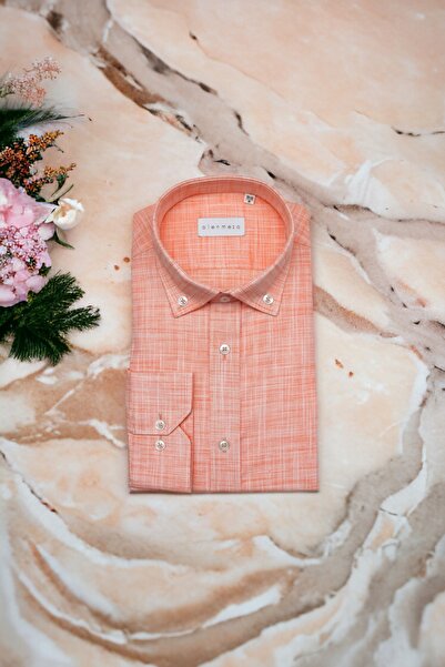 alenmeza Erkek Somon Rengi %100 Organik Pamuk Düğmeli Yaka Modern Fit Cepsiz ...