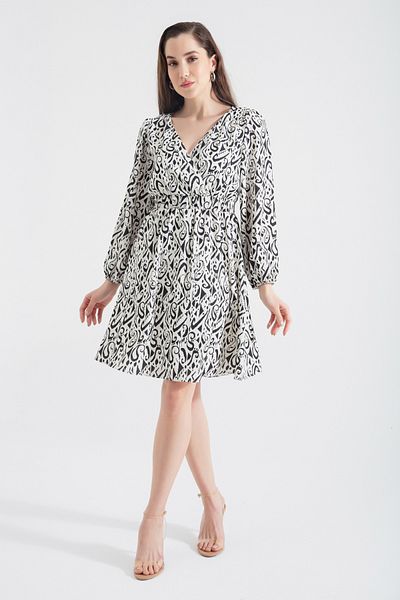 Lafaba Women's White Double Breasted Collar Patterned Mini Dress