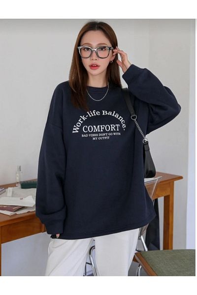 zore Business Life Balance Women's Sweatshirt - Navy Printed Oversize Raised Crew Neck