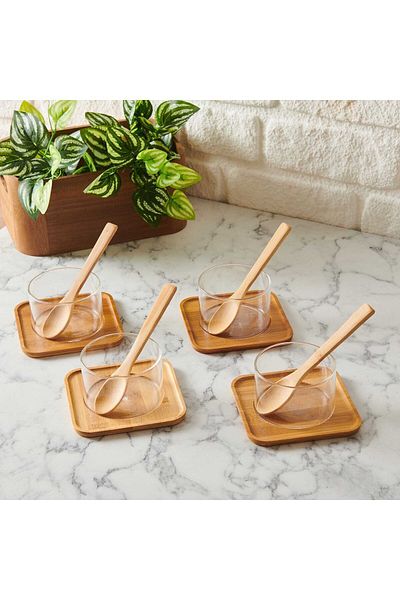kitchenboost Glass suffle set with bamboo plate - presentation bowl with multi-purpose base 12 pieces