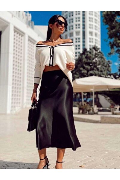 MADAME MELEK Fusta premium din satin de lungime midi din bumbac cu talie elas...