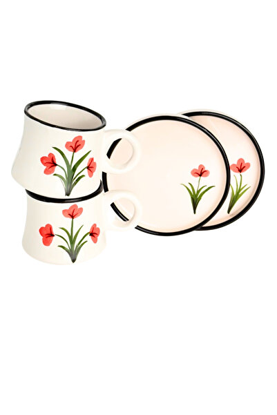 Gezdikçe Bilelim مجموعة من 2 كوب قهوة من السيراميك مصنوع يدويًا بنمط زهرة الخ...