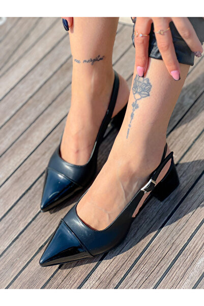 irmona صندل بكعب من الجلد الأسود اللامع ومقدمة مدببة بلونين