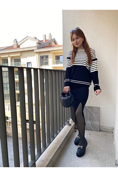 DUSOHOME Duso Knitwear Ριγέ Πουλόβερ Μίντι Φούστα Κάτω Σετ δύο τεμαχίων