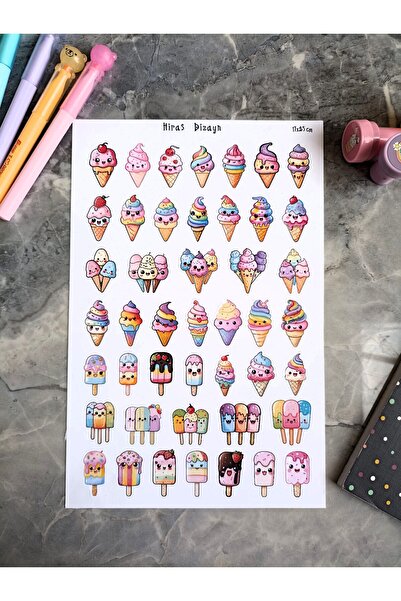 Hiras Dizayn مجموعة ملصقات كاواي آيس كريم إيس كريم لطيف آيس كريم 45 قطعة مقاس...