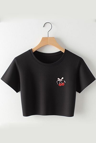 Vordevia Imprimat cu cireșe și panglică 2024 Coquette Fashion Oversize Crew Deck Crop