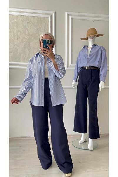 gül sezgin butik Γυναικείο Μπλε Λευκό Ριγέ πουκάμισο