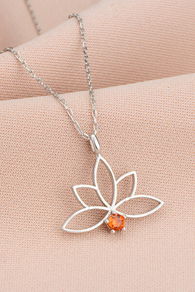 Bilsen Store 925 Ayar Gümüş Zincirli Garnet Portakal Taşlı Lotus Kamelya Çiçeği Kolye