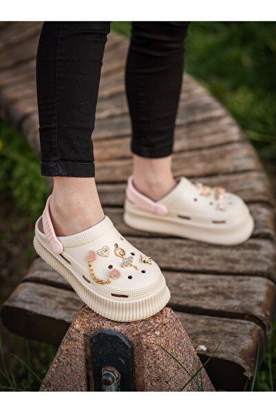 ZERDALİFE Women's Ecru High-Sole Zenne Stone Slippers