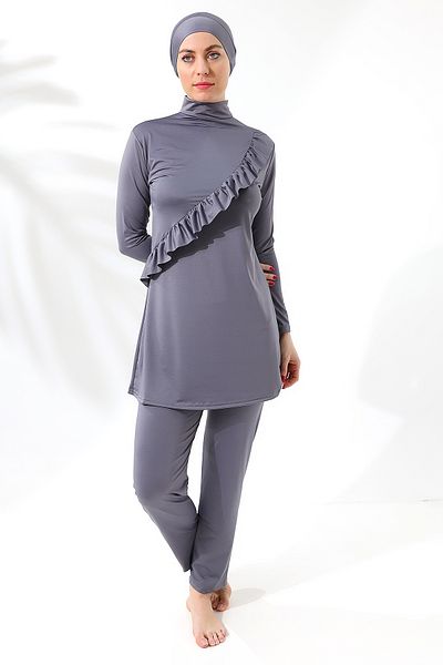 aykum Long Sleeve Ruffle Knitted Flexible Pants Closed TESETURE SWIMSUIT SET