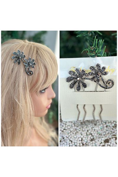 QUEEN AKSESUAR luxury crystal stoned metal large flower motif scalloped side buckle bridal henna engagement hair accessory silver