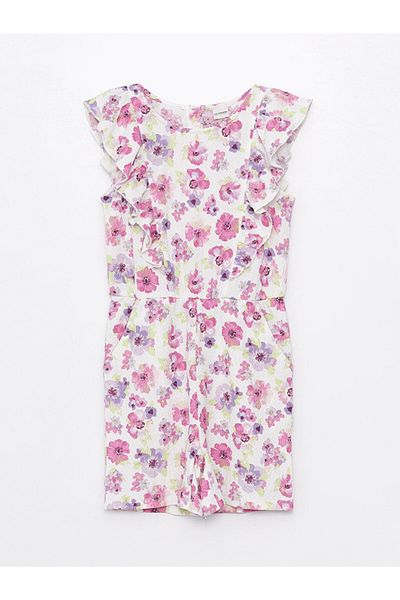 LC Waikiki Lcw Kids Ecru Printed Crew Neck Floral Girl's Jumpsuit