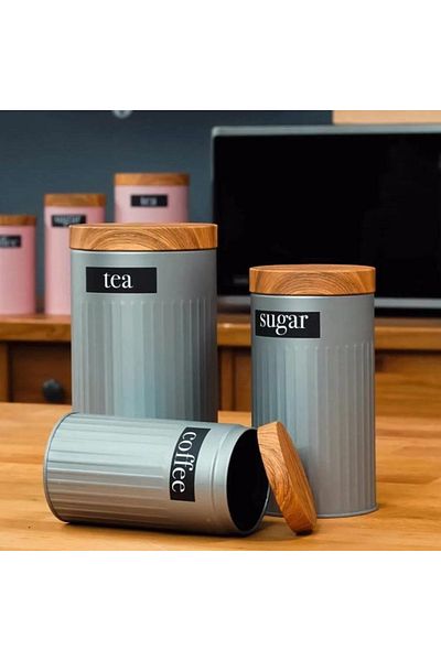 Yamaç Home Metal Tea Coffee Sugar Storage Jar Set of 3 - Gray