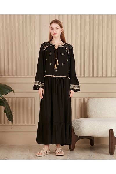 AYASOFYA OTANTIK Women's Black Ethnic Embroidery Detailed Spanish Sleeve Long Dress