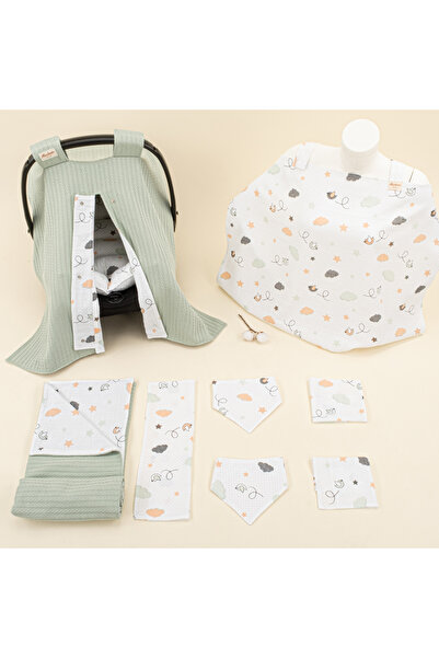 Yunikobaby Müslin 9 Parça Puset Örtüsü ve Minderi,Emzirme Önlüğü,Battaniye,Ön...