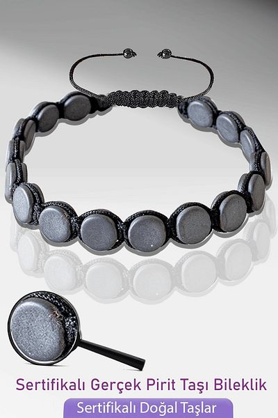 Tesbih Atölyesi Certified Macrame Raw Real Pyrite Stone Bracelet - Adjustable