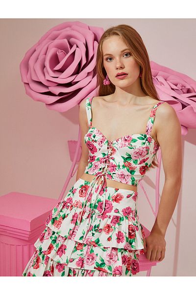 Koton Μπλουζάκι με φλοράλ δέσιμο με λεπτομερή Crop Tank Top