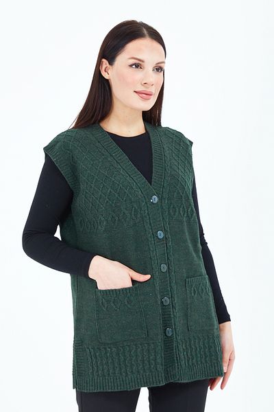 Stilmony Women's Khaki Green Buttoned Wool Mother Vest with Pockets