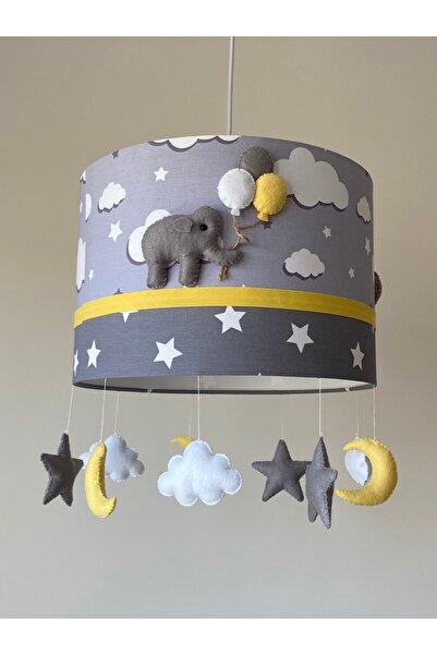 Leobabyroom Gri Bulutlu Gri Yıldız Desenli Sarı Şeritli Gri Fil Figürlü Bebek...