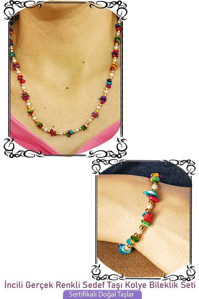 Tesbih Atölyesi Certified Pearl Multicolor Colorful Mother of Pearl Natural Stone Necklace Bracelet Set
