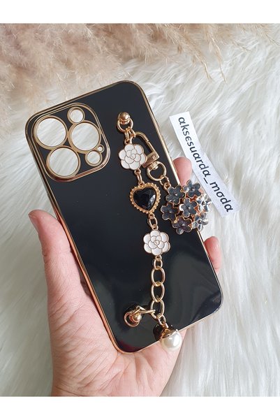 Aksesuarda Moda حافظة ليزر متوافقة مع هاتف iPhone 15 PRO مع زهور وأحجار ولؤلؤ