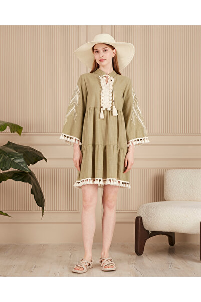 AYASOFYA OTANTIK Women's Khaki Linen Dress with Placket Collar and Pompom Sleeves and Embroidery Detail