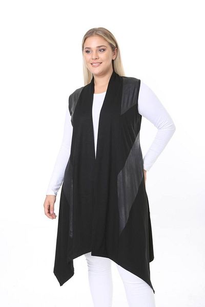 Butik Ayseba Women's Black Leather Detailed Long Asymmetrical Vest
