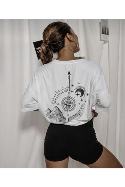 oneagılyazı تي شيرت بوصلة بيضاء كبيرة الحجم للجنسين