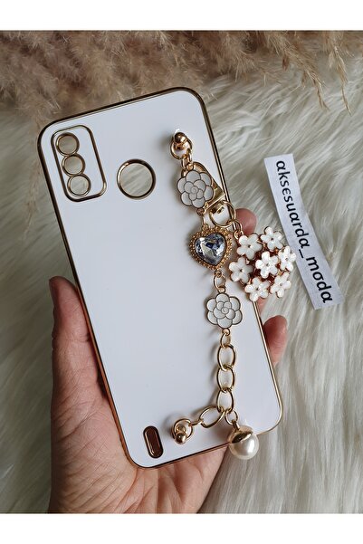 Aksesuarda Moda TECNO SPARK 6 GO Uyumlu ÇİÇEKLİ TAŞLI Gold Detaylı Lazer Kesi...