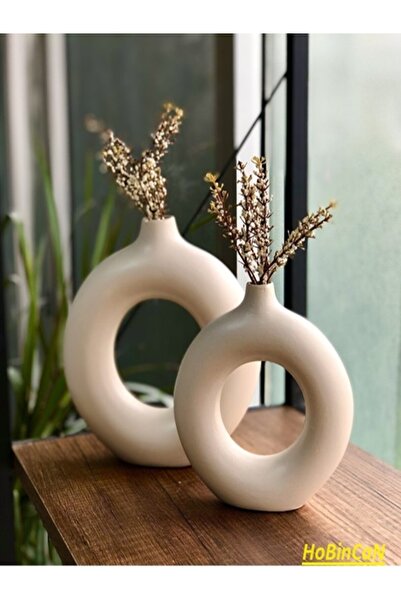 BLANJ HoBinCaN - Βάζα με δαχτυλίδια σε μπεζ χρώμα 2 τεμάχια 19x17-15x14 εκ.