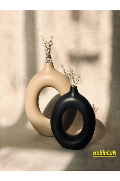 BLANJ Hobincan - Set of 2 Beige Ring Vase 19X17-15X14'Cm