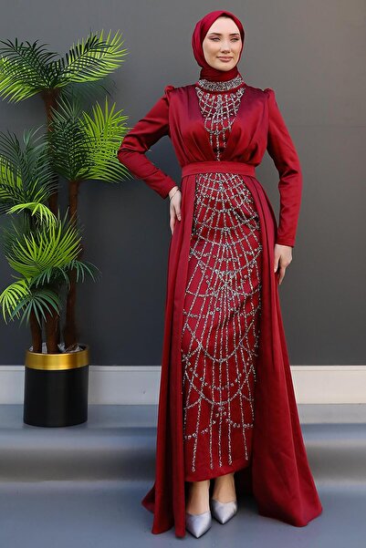 GİZ AGİYİM Embroidered Cape Evening Dress Claret Red