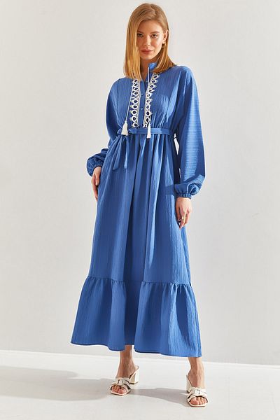 Bianco Lucci Modest Women's Lace Collar Detailed Elastic Waist Flared Dress60151024