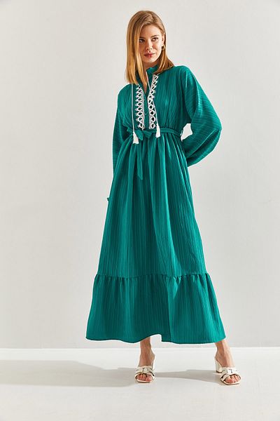 Bianco Lucci Modest Women's Lace Collar Detailed Elastic Waist Flared Dress60151024