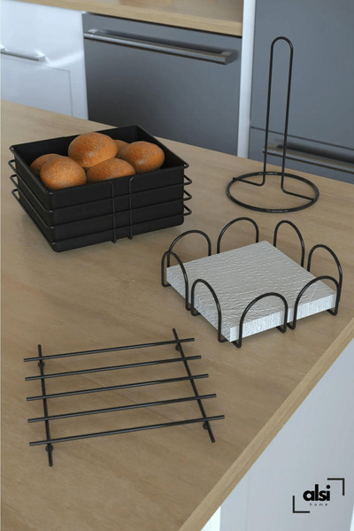 ALSİ HOME Bread Basket Service Presentation Set Towel Holder Napkin Holder Trivet Bread Holder - Set of 4 Black