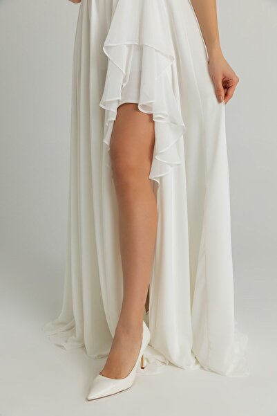 lovebox Lined Stretchy Chiffon Fabric Thin Strap Slit Detailed Maxi Length White Evening Dress 1380