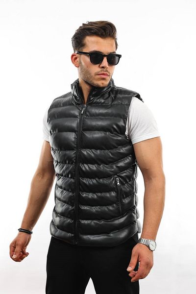 Oliggopol Мъжки кожен елек Slim Fit с вътрешен джоб