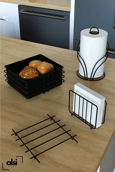 ALSİ HOME Luxury 4-Piece Serving Set and Bread Basket Towel Holder Napkin Holder Trivet Bread Dish Black Stainless