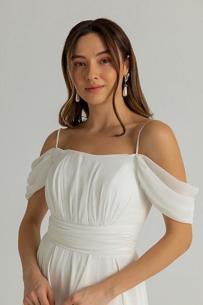 lovebox Gefüttertes, dehnbares Chiffon-Stoff, dünne Träger, Schlitz, Maxilänge, weißes Abendkleid 1380