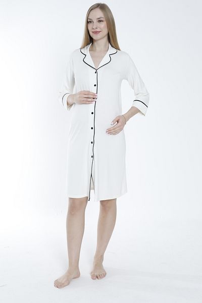 Miss Dünya Lissa White Shirt Collar Buttoned Front Maternity and Maternity Nightgown